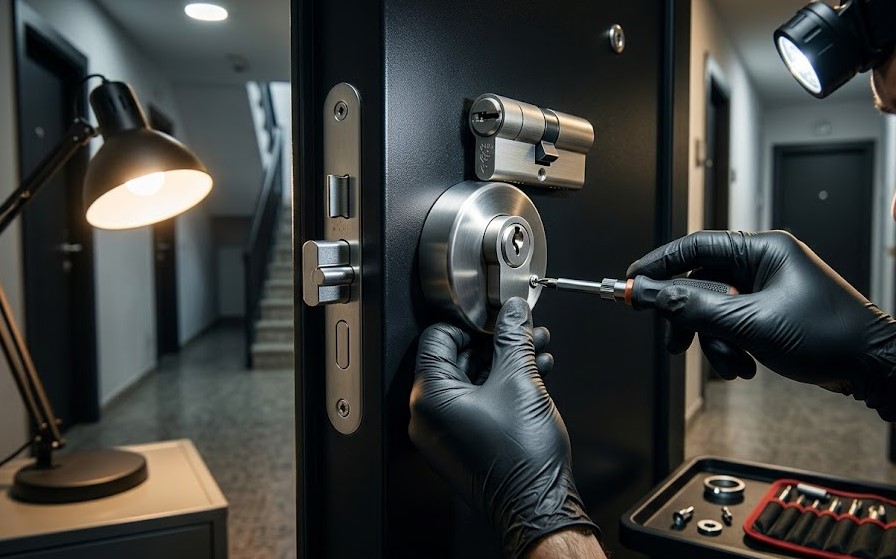 Especialista Cerrajero instalando cerradura anti-bumping de alta seguridad en un piso en el barrio de La Rosaleda, Granada